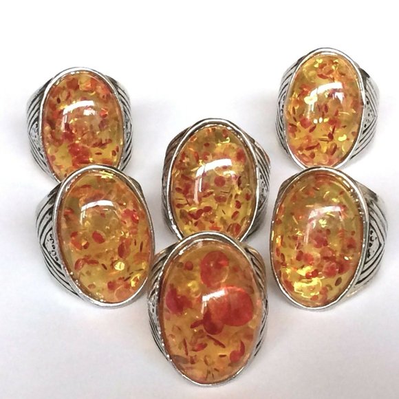 Silver Honey Amber Cocktail Ring Size 7 8 10 Yellow Orange Simulated Oval Cut - Picture 5 of 10